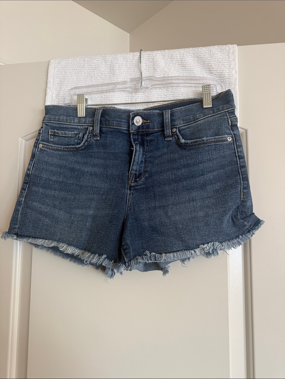 Women’s Dark Blue Denim Jean Shorts with Frayed Hem